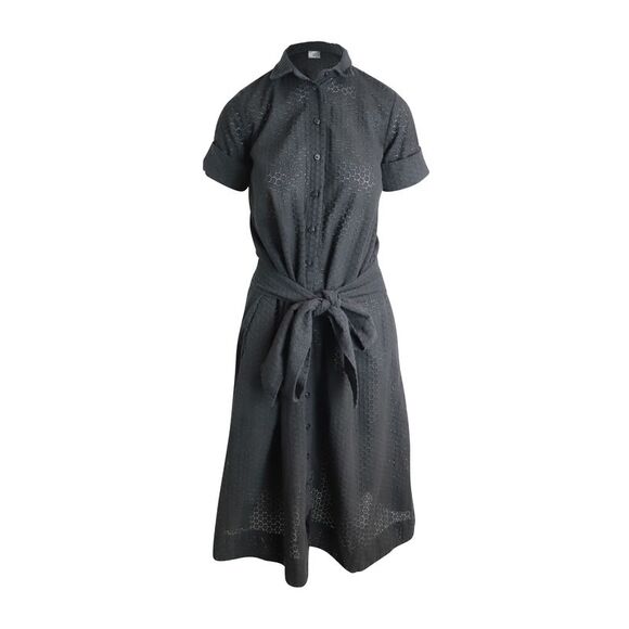 Lisa Marie Fernandez Eyelet Belted Shirt Dress in Black Cotton - Picture 1 of 6
